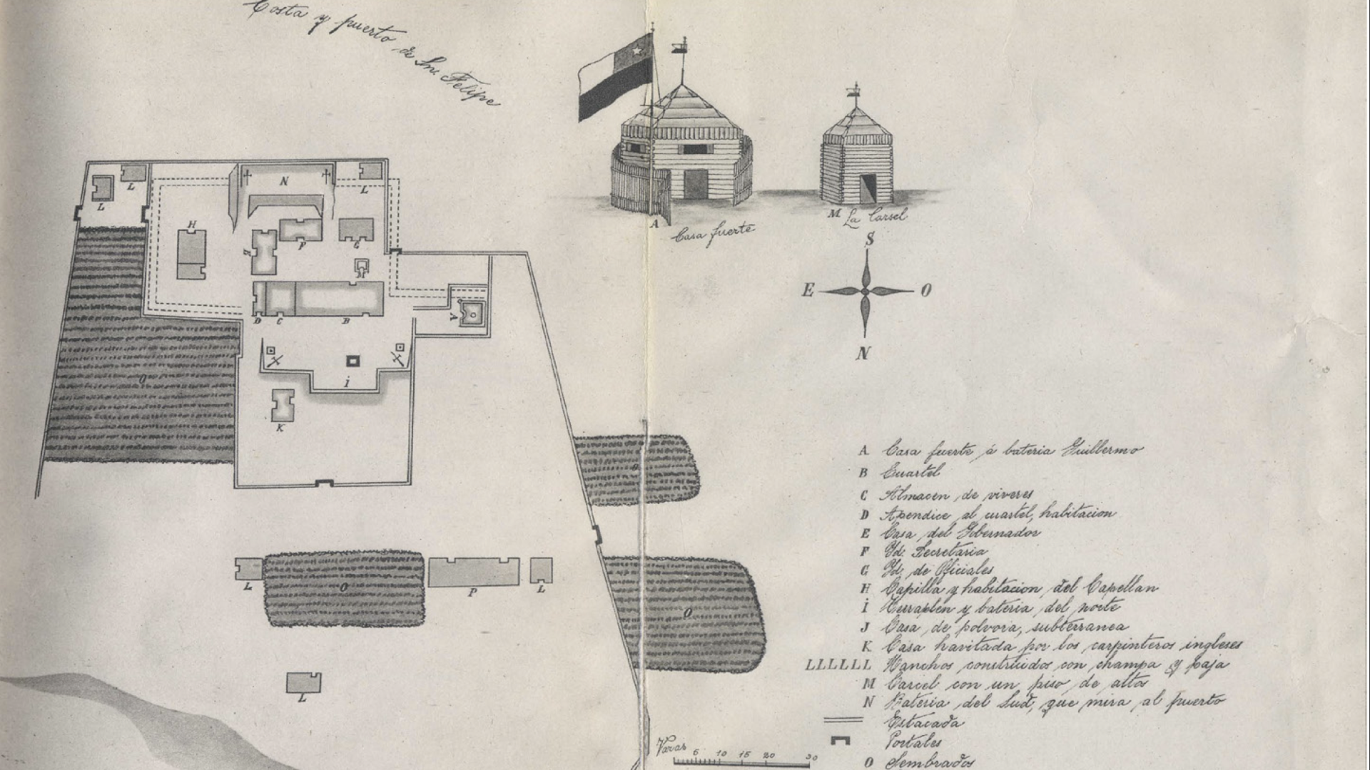 Plano del Fuerte Bulnes levantado por el gobernador Justo de la Rivera, febrero de 1845.