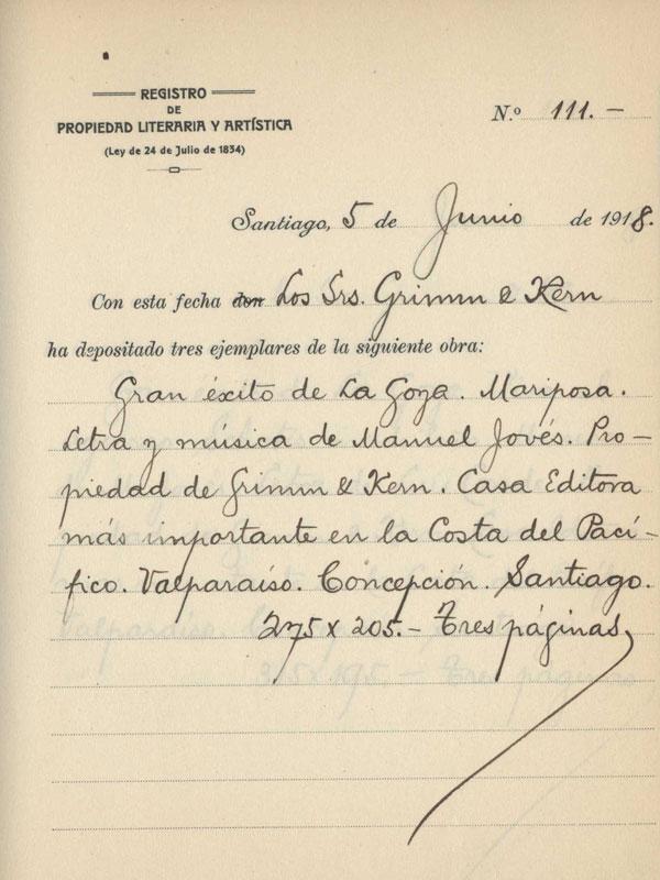 Registro de Propiedad Intelectual de la obra &amp;quot;Mariposa del amor&amp;quot; de Manuel Jovés