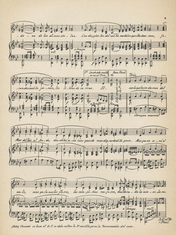Partitura del Himno Patria Nueva. Música de Julio Guerra García. P.3