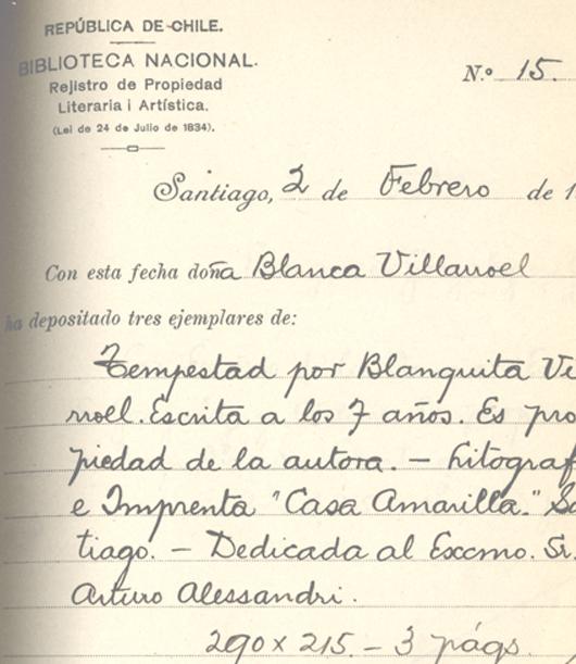 Registro de Propiedad Intelectual de la obra "Tempestad" de Blanca Villarroel.