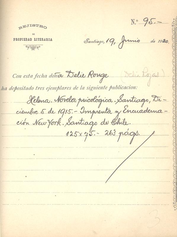 Registro de Propiedad Intelectual de la obra &amp;quot;Helena&amp;quot; de Delia Rojas