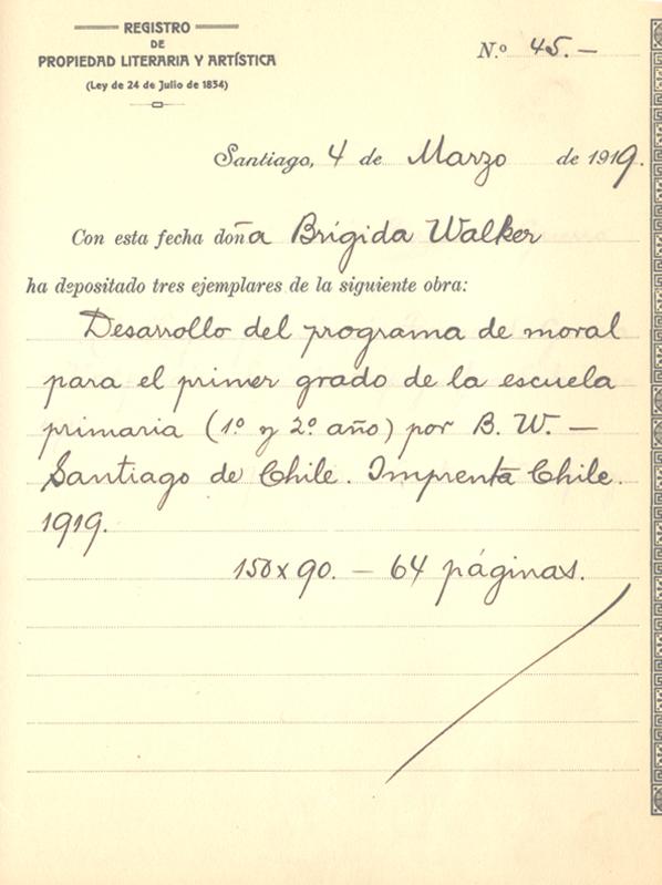 Registro de la obra &amp;quot;Desarrollo del programa de moral&amp;quot; de Brígida Walker