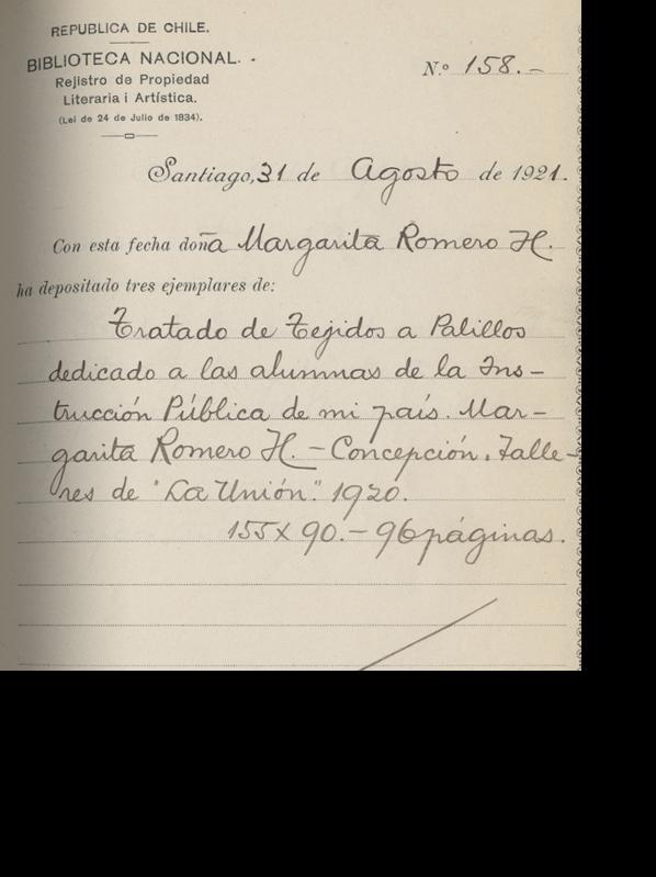 Registro del libro "Tratado de Tejidos a Palillos" de Margarita Romero