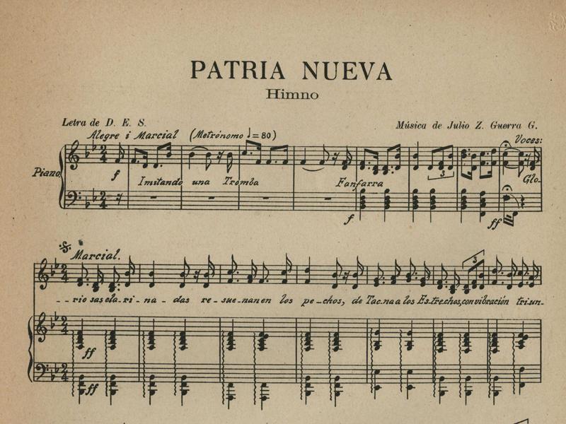 Partitura del Himno Patria Nueva. Música de Julio Guerra García (detalle)