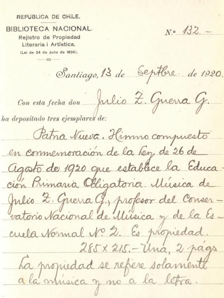 Registro de Propiedad Intelectual de la obra &quot;Patria Nueva&quot;