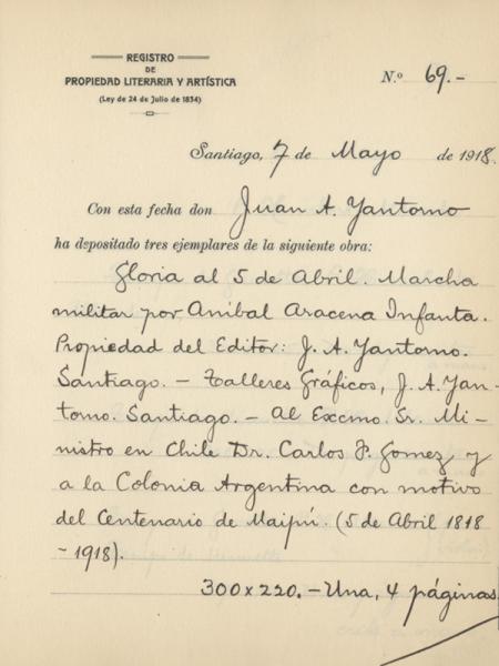 Registro de Propiedad Intelectual de "Gloria al 5 de Abril" de Aníbal Aracena Registro de Propiedad Intelectual de "Gloria al 5 de Abril" de Aníbal Aracena
