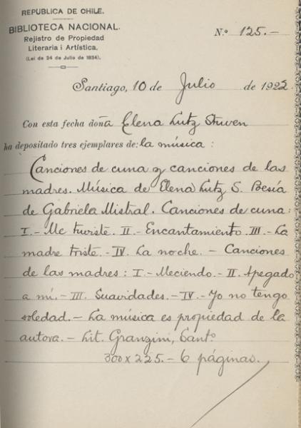 Registro de la obra  "Canciones de cuna y canciones de las madres" Registro de la obra  "Canciones de cuna y canciones de las madres"