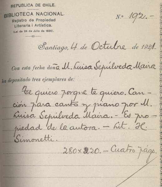 Registro de la obra "Te quiero porque te quiero" Registro de la obra "Te quiero porque te quiero"
