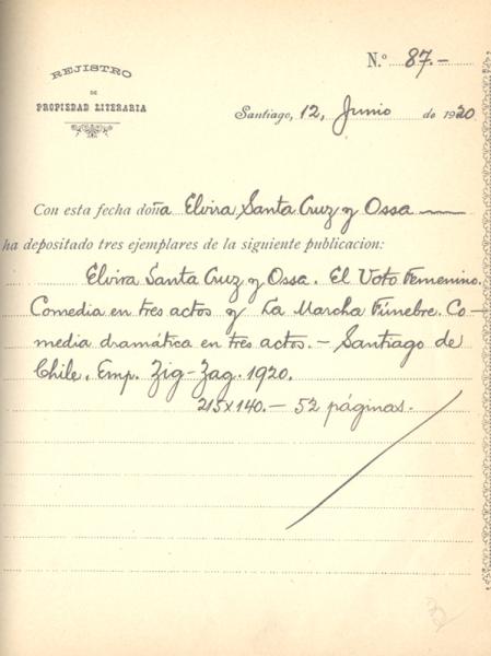Registro de la obra "El Voto Femenino. La Marcha Fúnebre", de Elvira Santa Cruz Registro de la obra "El Voto Femenino. La Marcha Fúnebre", de Elvira Santa Cruz