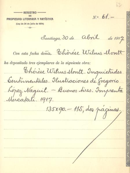 Registro de la obra &quot;Inquietudes Sentimentales&quot; de Teresa Wilms Montt