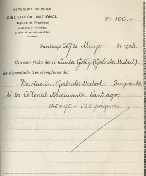 Registro de Propiedad Intelectual de la obra "Desolación" de Gabriela Mistral Registro de Propiedad Intelectual de la obra "Desolación" de Gabriela Mistral