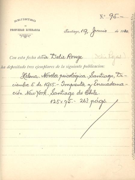 Registro de Propiedad Intelectual de la obra "Helena" de Delia Rojas Registro de Propiedad Intelectual de la obra "Helena" de Delia Rojas