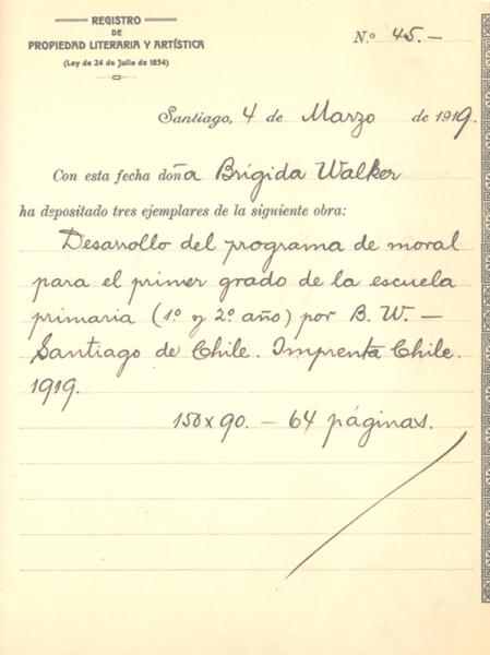 Registro de la obra "Desarrollo del programa de moral" de Brígida Walker Registro de la obra "Desarrollo del programa de moral" de Brígida Walker