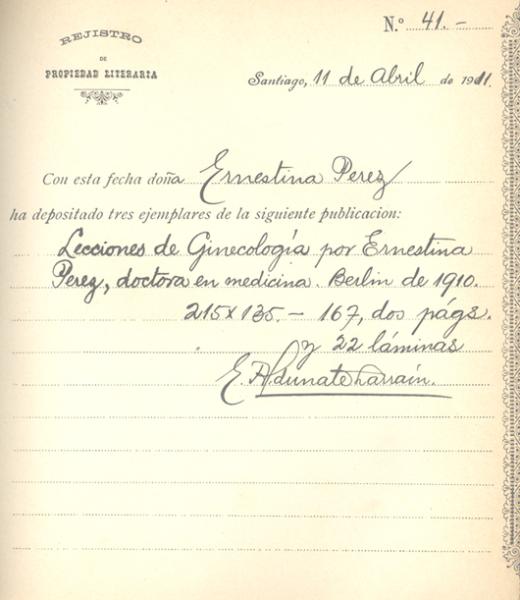 Registro del libro "Lecciones de Ginecología" de Ernestina Pérez Registro del libro "Lecciones de Ginecología" de Ernestina Pérez