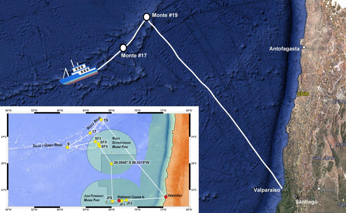 Figura 1: La ruta que ha seguido hasta ahora el buque R/V Falkor (Too), rumbo al monte #10 luego de visitar los montes #19 y #17. El detalle muestra todos los montes submarinos que serán visitados durante el crucero y la ruta de regreso a Valparaíso.  