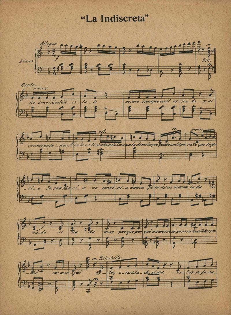 Partitura de la canción  "La indiscreta" de Manuel Jovés P. 1